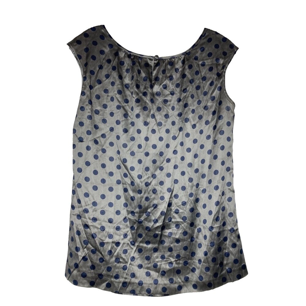 Banana Republic Silk Blouse Women Small Gray Navy Blue Polka Dots Cap Sleeve - Picture 4 of 5